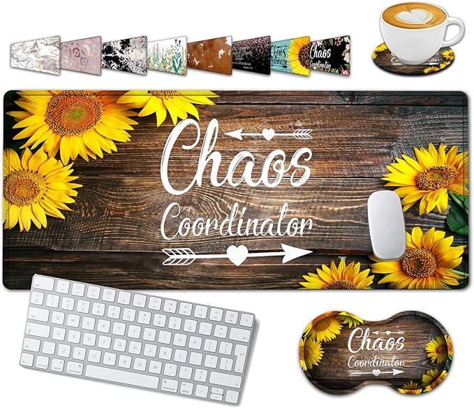 Large Gaming Mouse Pad 31.5x11.8 in Extended Computer Mouse Mat with Non-Slip PU Base Ergonomic Memory Foam Keyboard Wrist Rest for Work &amp Gaming Sunflower Chaos Coordinator Office Desk Pad