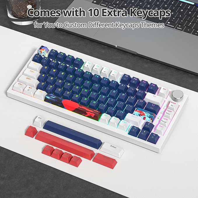 75% Mechanical Gaming Keyboard Hot Swappable RGB Backlit Custom Keyboard with Knob Gasket Mount USB Wired 82 Keys White Blue Linear Red Switch (82 White Blue)