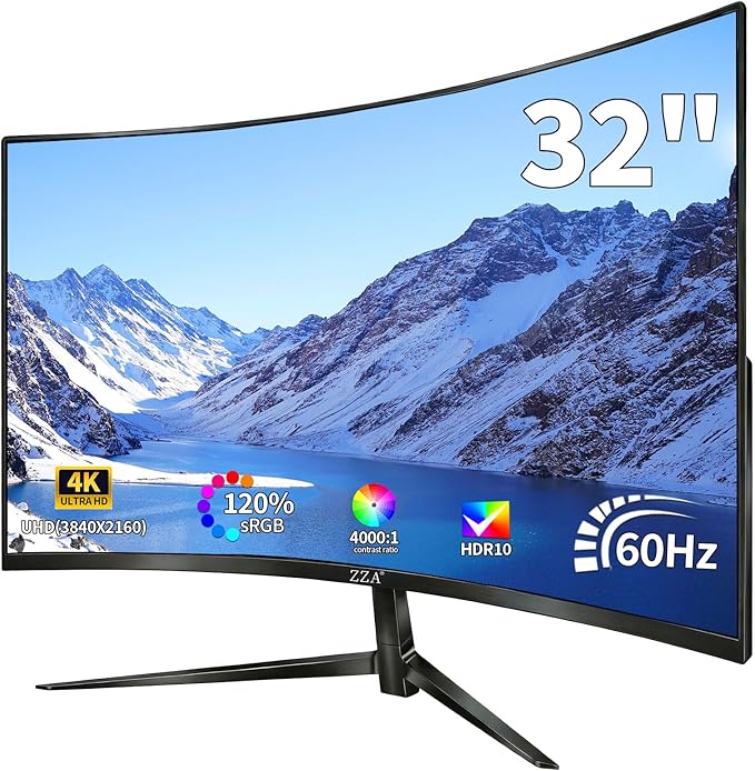 ZZA 32 Inch Curved Gaming MonitorUHD 3840 * 2160 60Hz 4K PC Monitor Curved 1500R4000:1 Contrast1Ms MPRTHDRFreeSyncVAHDMI DP1.4