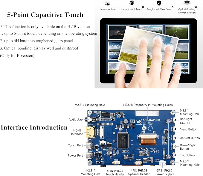 5inch IPS Touch Screen 1024x600 Compatible with Raspberry Pi 5/4B/3B+/3B/Zero W WH/Zero 2 W/Pico/Pico W/Jetson Nano/PC Support Win 11/10/ 8.1/8 /7 800cd/m² (Narrow-Bezel Capacitive Touch)