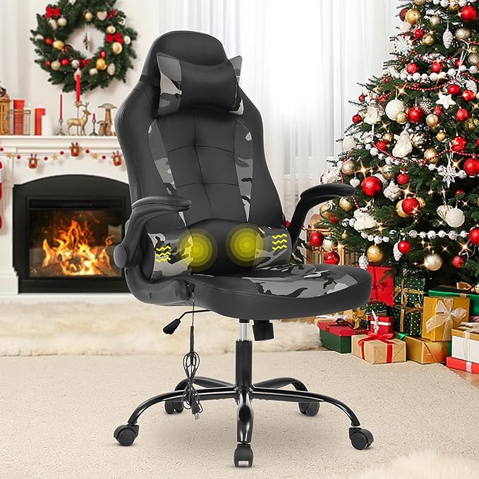 Gaming Chair Ergonomic Home Office Video Game Chairs Massage PU Leather Computer Chair Adjustable Swivel Chairs with Lumbar Support Headrest Camo