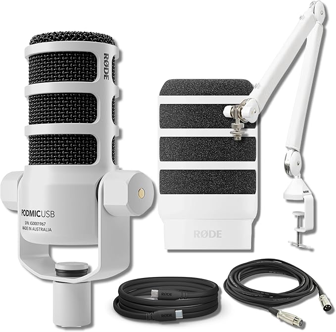 Rode PodMic USB and XLR Dynamic Broadcast Microphone (White) with Rode PSA1+ (White) Microphone Boom Arm and XLR Cable