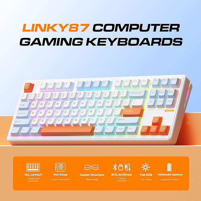 Linky 87 Wireless Mechanical KeyboardTri-Mode BT5.0/2.4GHz/USB-C Hot Swappable Custom Keyboard Linear SwitchesRGB Backlit Computer Gaming Keyboards for PC/Tablet/PS/Xbox(Ocean Sunrise)