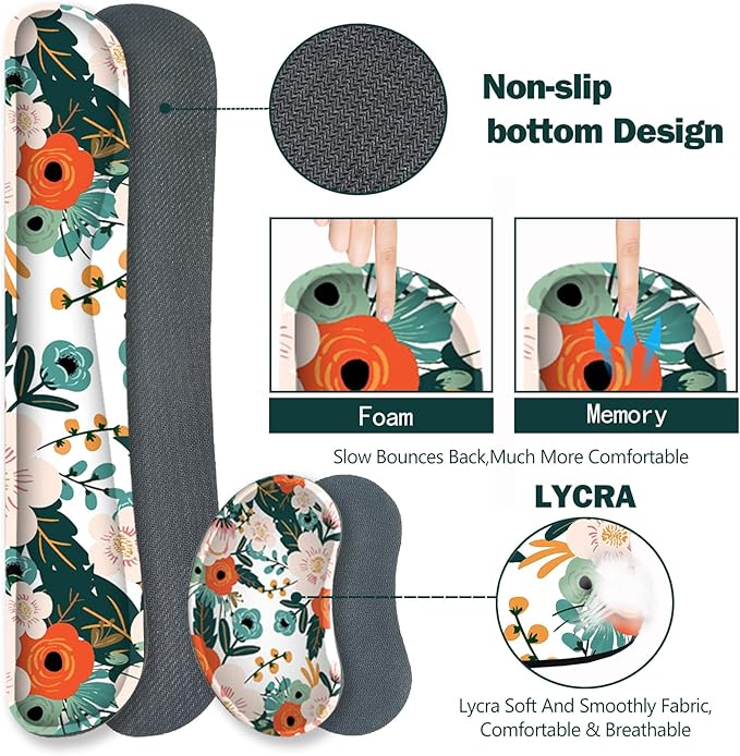 ARTSO Extended Gaming Mouse Pad Set Keyboard Wrist Rest Support Pad + Wrist Cushion + XXL Large Mouse Pad + Coaster Stitched Edge Non-Slip Memory Foam Desk Mat Flower
