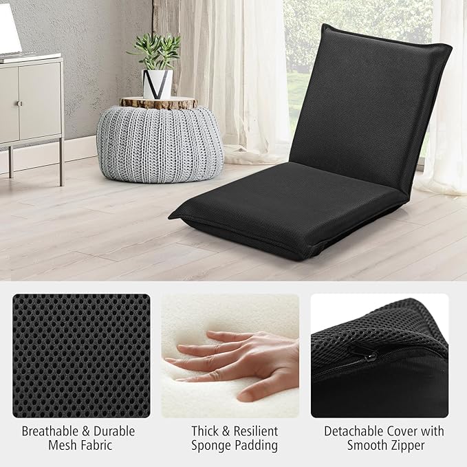 MAT EXPERT Adjustable Floor Chair 6-Position Mesh Floor Gaming Chair Folding Lazy Sofa Padded Lounger Recliner Cushioned Floor Chair with Back Support for Reading Meditating (Black)