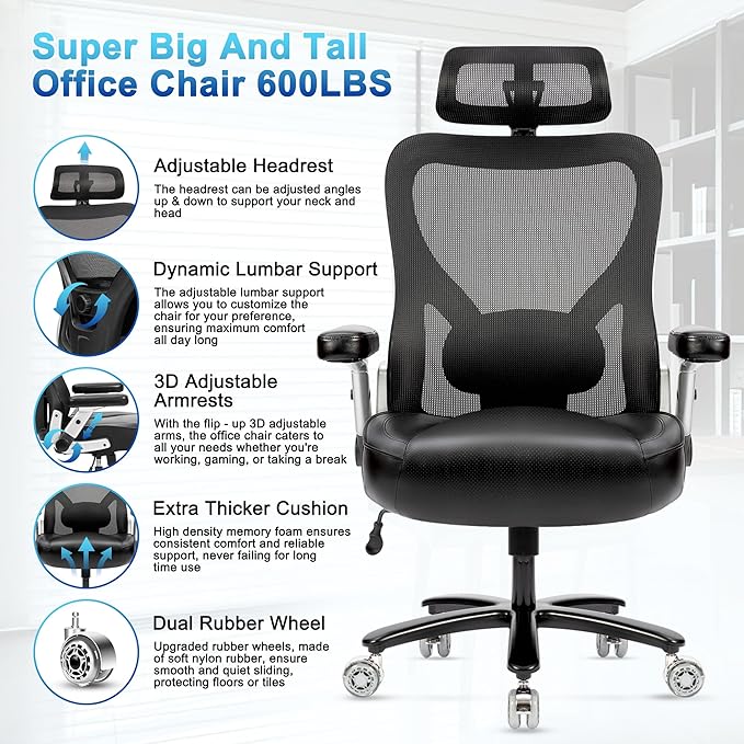 Super Big and Tall Office Chair 700lbs- Heavy Duty Executive Computer Chair with Rubber Wheels 3D Flip Arms Ergonomic Mesh High Back Desk Chair Extra Wide Seat Adjustable Lumbar Support &amp Headre