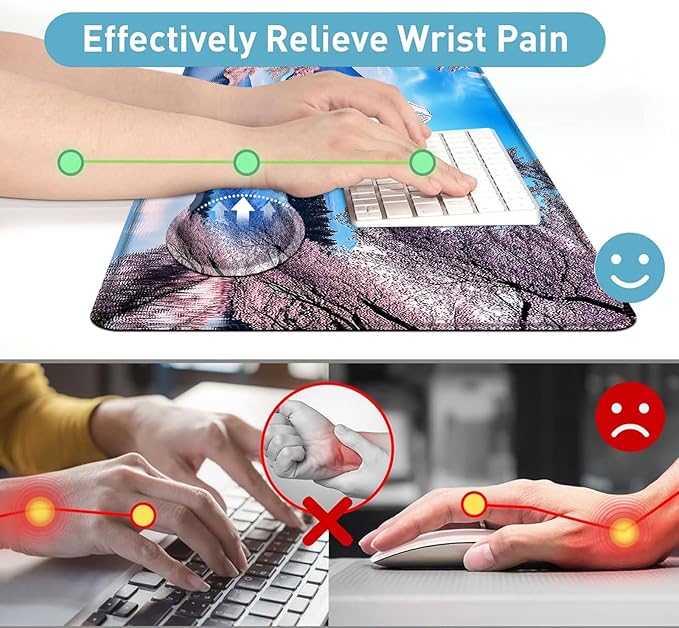 Large Mouse Pad and Keyboard Wrist Rest Desk Pad for Keyboard and Mouse 4-in-1 Large Gaming Mouse Pad with Wrist Support Desk Mat for Home Office Study GameCherry Blossoms in The Lake