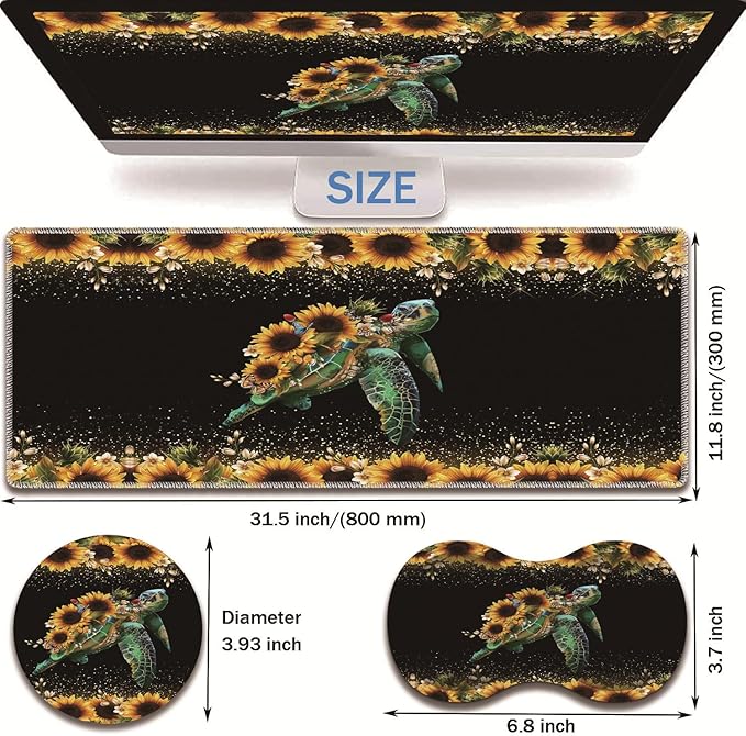 Extended Non-Slip Mouse Pad + Mouse Wrist Rest + Lace-Shaped Coaster Set Ergonomic Design Suitable for Desk and Home Gaming Table Mat Starry Night and Turtle Sunflowers
