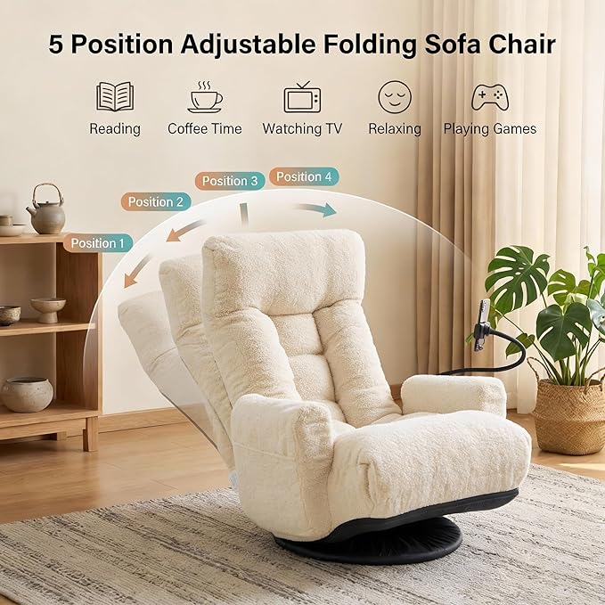 Gaming Chair Floor Sofa Gaming Lounge Chair with 14-Section Head &amp 3-Section Waist Adjustment 360° Swivel &amp Spring Seat for Gaming Napping Reading Dorm Small Apartment (Beige)