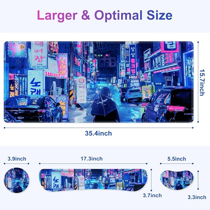 Large Gaming Mouse Pad Set 4 in 1 Extended Keyboard Desk Mat with Wrist Rest Computer Game Mousepad Non-Slip Desk Pad Protector Easy Typing Pain Relief for Home Office I Anime Neon Street