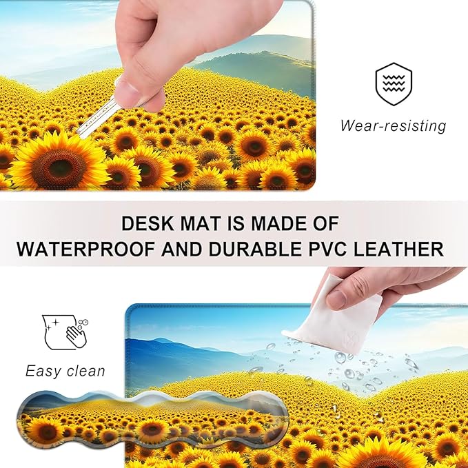 Mouse PadLarge Desk Mat Set 4in1 XL Mousepad + Keyboard Wrist Rest+Mouse Wrist Rest+Coaster with Ergonomic Desk Pad for Home Office Table Computer Cover -Sunflower Field and Mountain