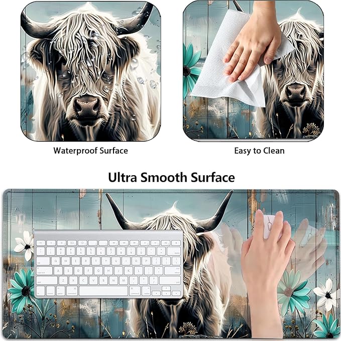 Large Gaming Mouse Pad+ Keyboard Wrist Rest Set Ergonomics Memory Foam Mouse Mat Wrist Rest Support for Home Office Waterproof Extended Mousepad 31.5x11.8in Highland Cow Desk Pad