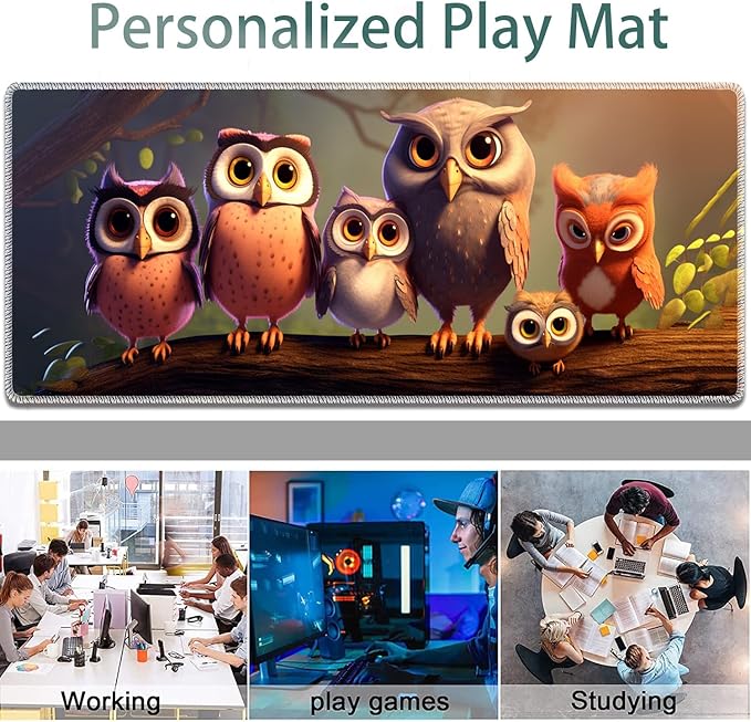 Large Gaming Mouse Pad + Keyboard Wrist Rest + Wrist Support + Coaster Set Memory Foam Ergonomic for Easy Typing XXL Extended Gaming Mouse Pad Table Pad - Cute Owl