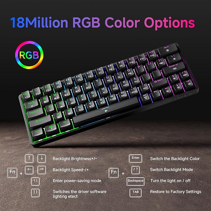 TMKB T63 Gaming Keyboard 60% Wireless Mechanical Keyboard with Bluetooth/2.4G/Type-C Compact 63 Keys Anti-Ghosting RGB Backlight Clicky Blue Switch - Black