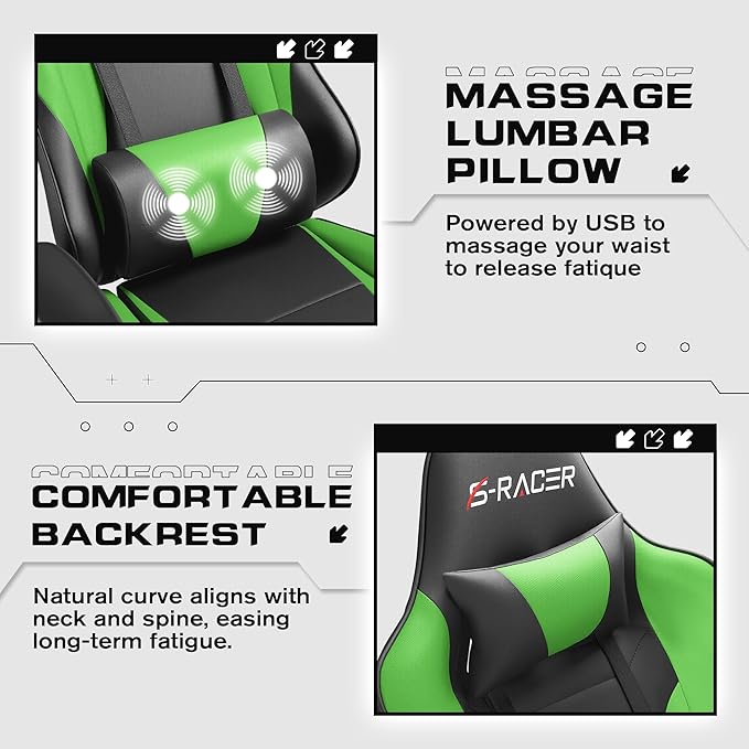 Homall Gaming Chairs Computer Chair with Footrest and Massage Lumbar Support Height Adjustable Game Chair with Headrest and Swivel Seat (Light Green)