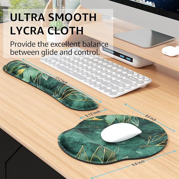 KTRIO Ergonomic Keyboard Wrist Rest Memory Foam Mouse Pad with Wrist Rest for Computer Keyboard Mouse Pad Set for Easy Typing &amp Pain Relief for Office &amp Home Green Leaves