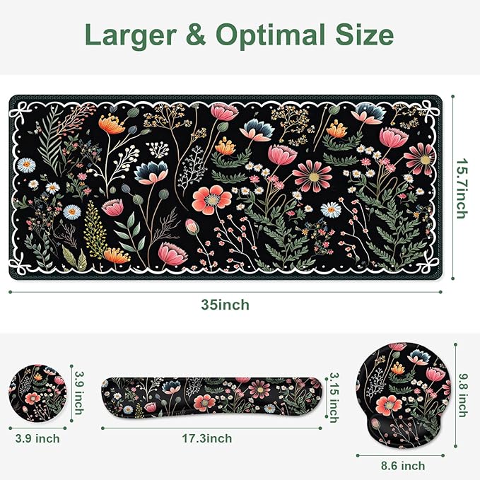 Flower Desk Mat 4in1 Large Mouse Pad with Wrist Rest Desk Matt for Desktop Desk Pad Mat Anti-Slip XXL Computer Ergonomic Mousepad with Wrist Support for Keyboard and Mouse I Black Florals Weeds