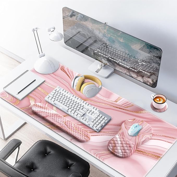 Pink Desk Mat Desk Mat for Mouse Computer Mats Rose Gold Mouse Pad and Keyboard Wrist Rest Memory Foam Wrist Rest for Mouse (Rose Gold Pink)
