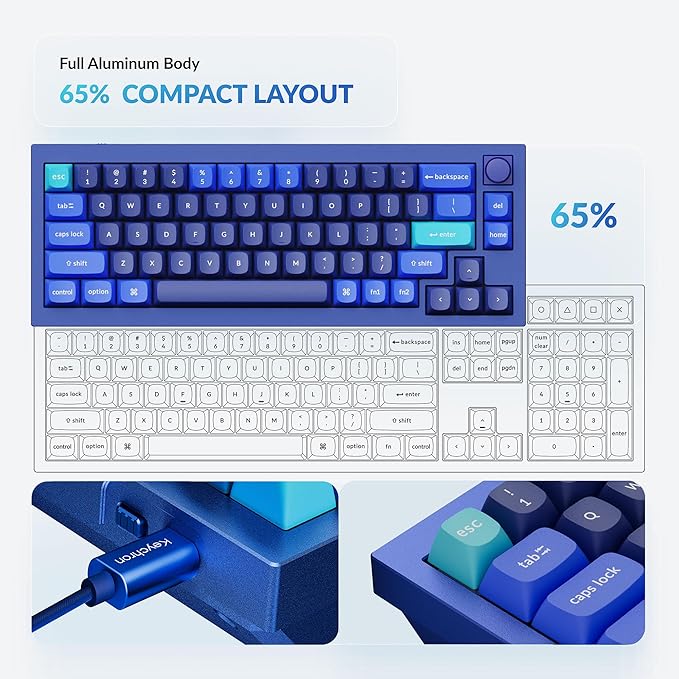 Keychron Q2 Wired 65% Layout Mechanical Keyboard with Knob &amp RGB - Hot-Swappable Gateron G Pro Blue Switch QMK/VIA Programmable Double Gasket Mount Aluminum Body for Mac/Windows/Linux (Blue)