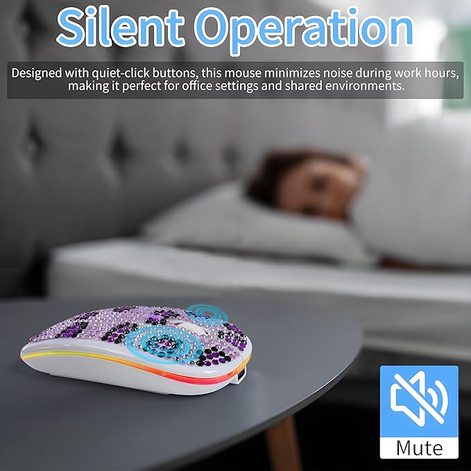 Rechargeable Bluetooth Wireless Mouse with Bling Crystal Rhinestones &amp 7-Color LED Lights - Silent Dual Mode Wireless Mouse for Laptops PCs and Macs - Perfect for Office Travel &amp Home Use (