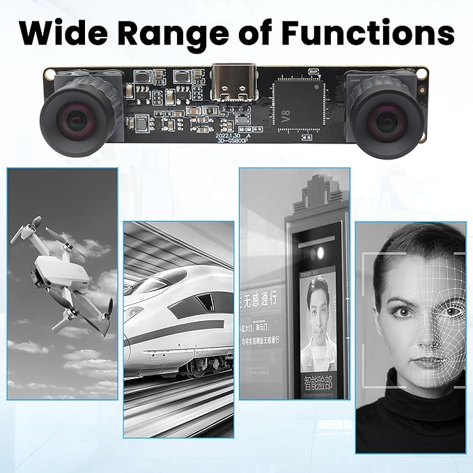 High Speed 210fps USB Camera with Global Shutter 800P Synchronization Dual Lens Monochrome B/W Camera Plug and Play for 3D Printing PC Lightburn QR Code Scanning VR and Face Recognition