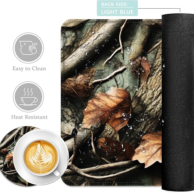 Keyboard Mouse Pad Set Extended Gaming Mouse Pad+Ergonomics Keyboard Wrist Rest Support Memory Foam Easy Typing Pain Relief 4Pcs XL Ultra Thick Desk MatAutumn Leaves Branch Camo