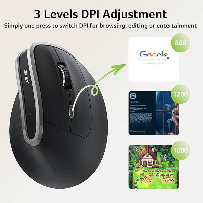 acer Ergonomic Mouse Wireless Vertical Computer Mouse for Office Ergo Mice Rechargeable for Medium to Large Sized Hands 2.4GHz USB Receiver 800/1200/1600 DPI 6 Buttons for Laptop PC and Desktop