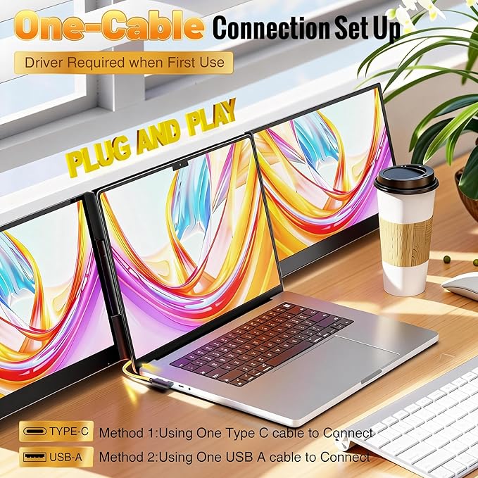One Cable Connection Laptop Screen Extender Monitor Portable Ultra Thin 15.6 1080P FHD Triple ScreenFit for 13-17 Laptop Plug &amp Play Compatiable with Win/Mac/Chrome/Android