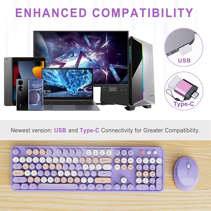 Wireless Keyboard and Mouse Combo Ergonomic Full Size Typewriter Retro Round Keycaps Keyboard Compatible with Windows PC Perfer for Home and Office Keyboards (Purple