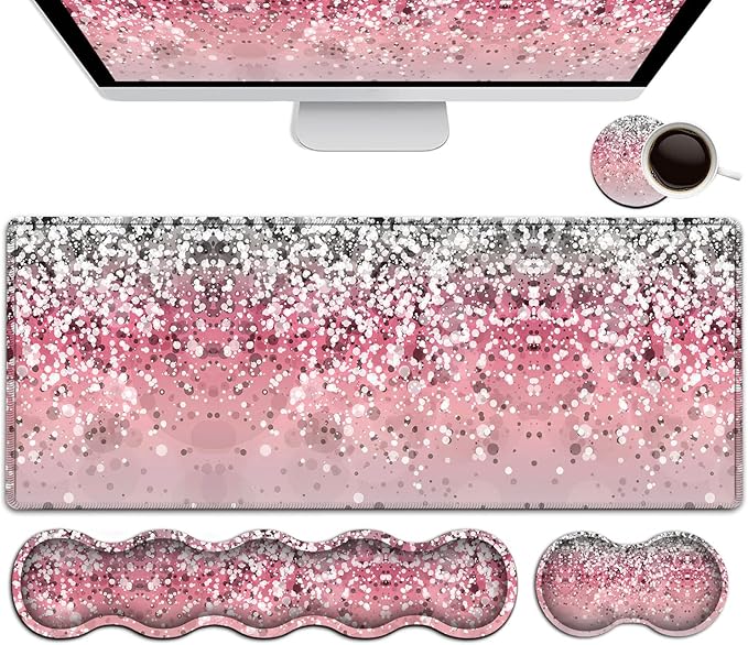 Pink Mouse PadKeyboard Mouse Pad SetExtended Gaming Mouse Pad + Memory Foam Keyboard Wrist Rest Support Pink Glitter Office Desk Mat Writing Pad Easy Typing Pain ReliefXXL Large Mousepad Desk Mat
