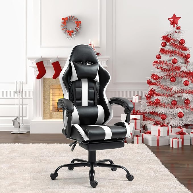 ECOTOUGE Massage Gaming Chair Video Game Chair with Footrest Ergonomic Computer Chair with Headrest and Massage Lumbar Support Height Adjustable High Back Office Desk Chair with 360° Swivel White