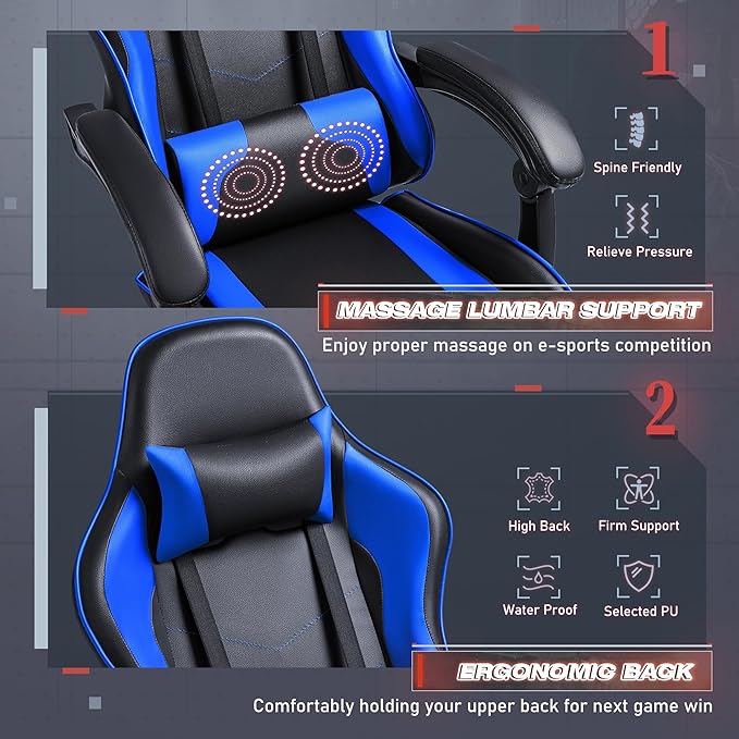 Furmax Gaming Chair Video Game Chair with Footrest and Massage Lumbar Support Swivel Seat Height Adjustable Computer Chair with Headrest Racing E-Sport Gamer Chair (Blue)