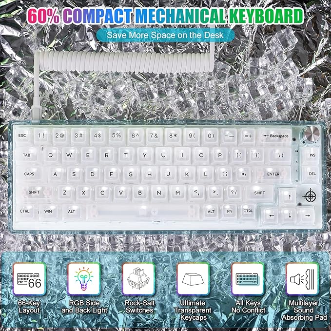 MAGIC-REFINER MK31 60% Wired Hot Swappable Mechanical Keyboard with Transparent Keycaps Compact 66 Keys Chroma RGB Backlit Ergonomic Custom Gaming Keyboard Knob Control for PC/MAC
