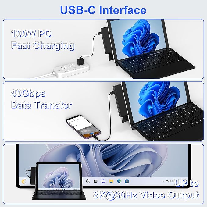Surface Pro 11/10/9 Accessories Docking Station &amp Adapter - 7-in-1 USB-C Hub for Dual Monitor with 4K HDMI USB C Thunderbolt 4 (8K@30Hz/40Gbps/100W PD) 2 USB 3.0 SD/TF Card Reader &amp 3.5mm