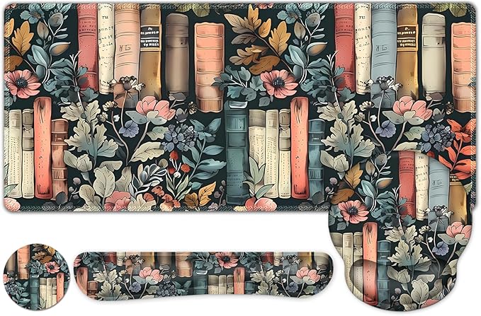 Nature Aesthetic Florals Books Mouse Pad XXL Large Desk Mat Extended Reading Desk pad 4PCS Non-Slip Rubber Base Computer Big Mousepads for Work Game Office Home Decor Accessories I Bookworm Gift