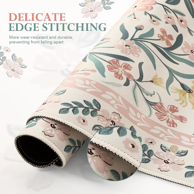 iLeadon Pink Desk Mat Set Cute Non-Slip Mouse and Keyboard Pad Mat for Desk Ergonomic Desk Mouse Pad Extra Large Floral Teacher Desk Mat with Wrist Rest for Women Home Office