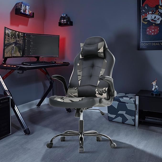 PC Gaming Chair Computer Chair Racing Gamer Chair Adjustable Ergonomic Office Chair Modern Desk Chair with Lumbar Support Flip Up Armrest Rolling Swivel Task Chair for Adults Women Men
