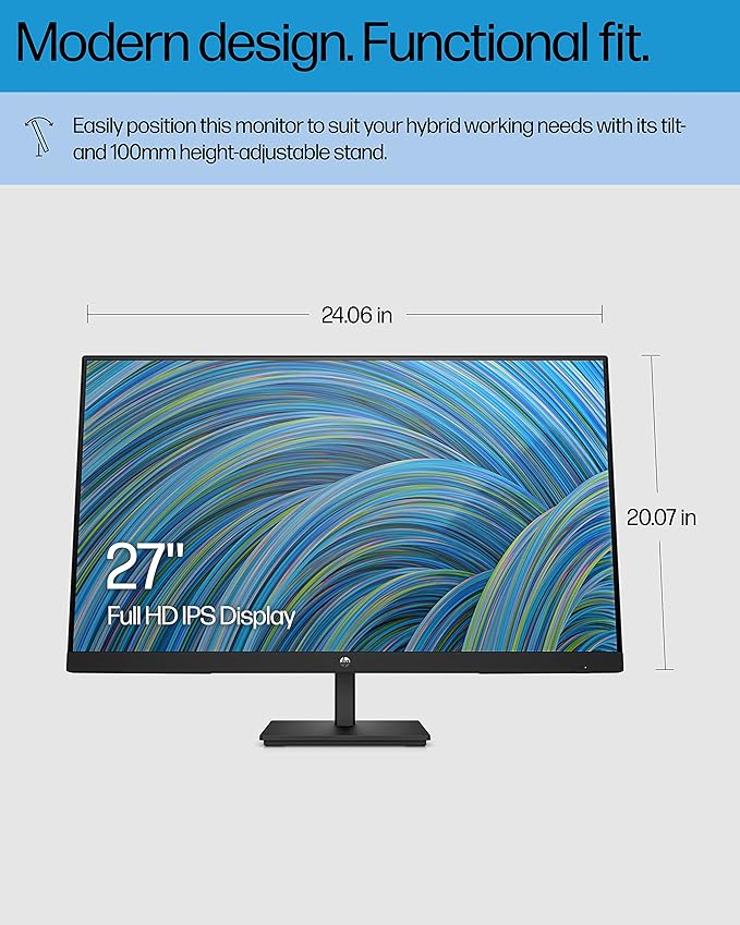HP M27ha FHD Monitor - Full HD Monitor (1920 x 1080p) - IPS Panel and Built-in Audio - VESA Compatible 27-inch Monitor for Comfortable Viewing with Height and Pivot Adjustment - (22H94AA#ABA)