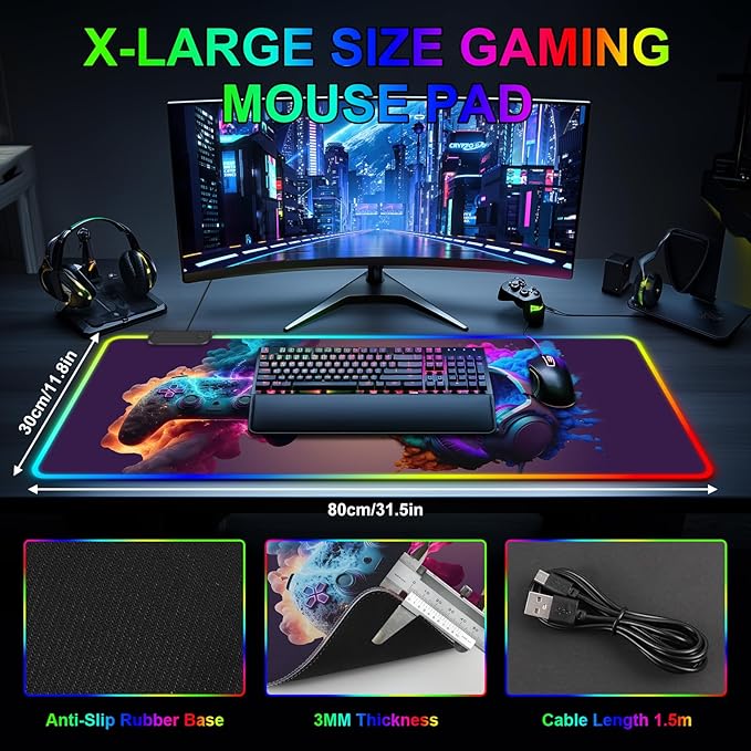 RGB Gaming Mouse Pad Large Mousepad with LED Light 13 Light Modes Touch Control Extended Soft Computer Keyboard Mat Pad Desk Mat with Non-Slip Rubber Base for MacBook Laptop(31.5X11.8 Game Handle)