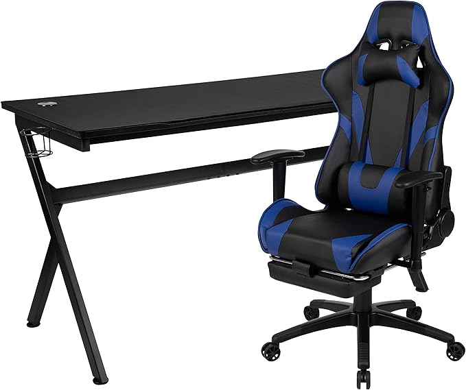 Flash Furniture Optis Gaming Desk and Blue Footrest Reclining Gaming Chair Set - Cup Holder/Headphone Hook/Removable Mouse Pad Top/Wire Management