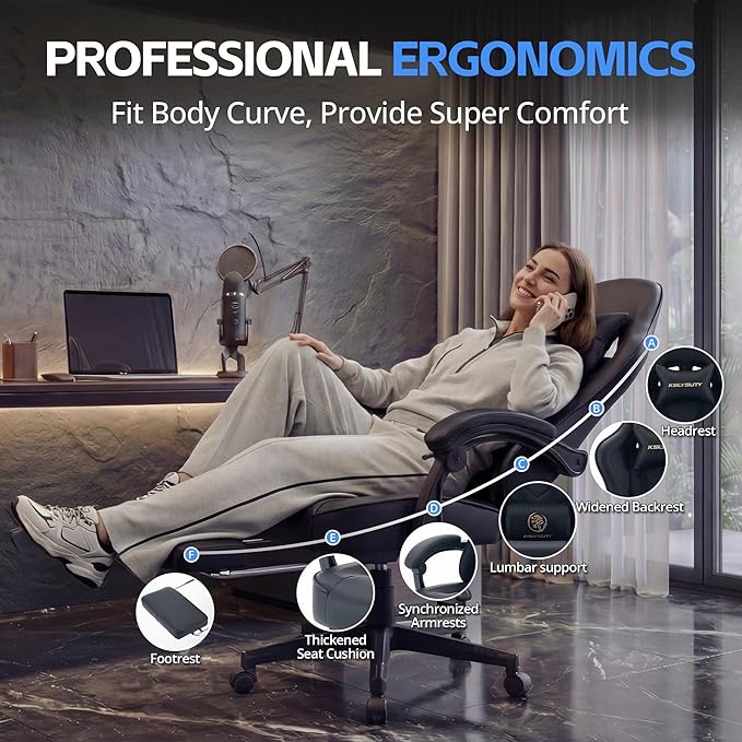 Desk Computer Gaming Chair - High Back Ergonomic Office Chair with Footrest and Lumbar Support Swivel Comfy Home Gamer Video Game Chairs with Pocket Spring Cushion for Adults (Black Leather)