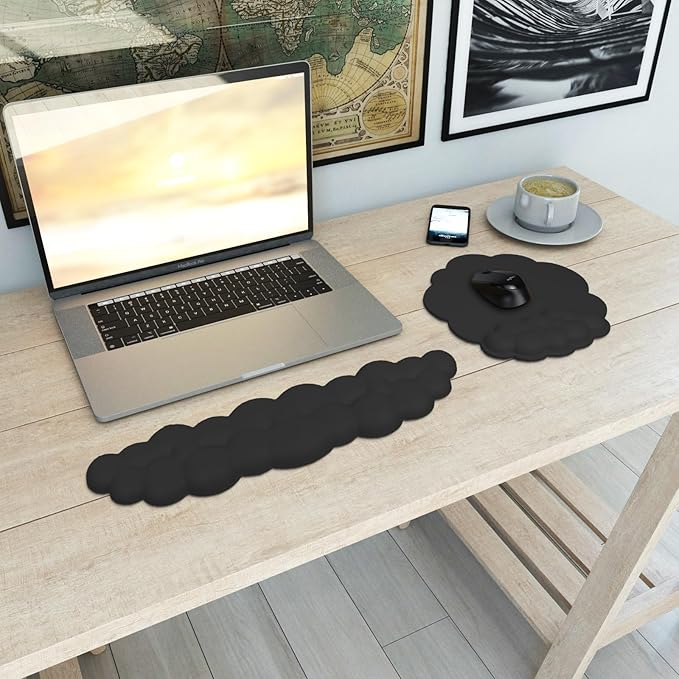 HOTTYAO Cloud Mouse Pad Wrist Support Keyboard Wrist Rest Set Ergonomic Wrist Support for Typing Pain Relief Portable for Computer Office Gaming (Black-L)