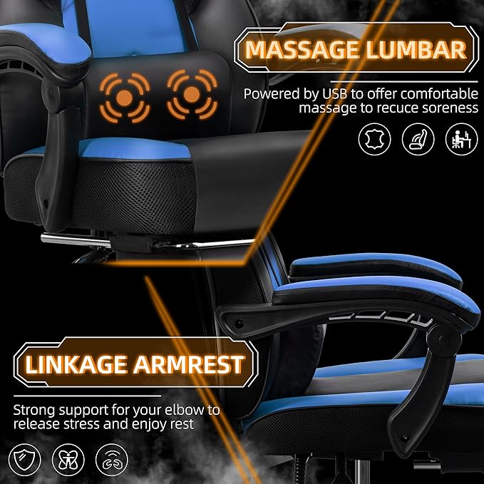 Shintenchi Gaming ChairVideo Game Chair with footrest and Massage Lumbar SupportHeight Adjustable Game Chair with 360°Swivel Seat Ergonomic Computer Chair with Headrest for Office or Gaming(Blue)