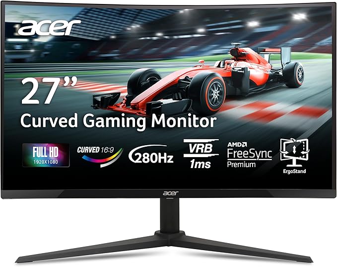 acer Nitro 27 Inch 1500R Curved Zero-Frame Full HD (1920 x 1080) Gaming Monitor | AMD FreeSync Premium | Up to 280Hz Refresh | 1ms VRB | One Display Port 1.4 and Two HDMI 2.0 Ports | XZ270