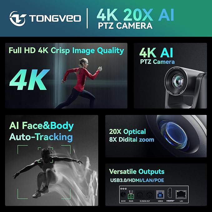 TONGVEO 4K AI PTZ Camera with Auto Tracking and 20X Optical Zoom Conference Room Webcam with HDMI/USB3.0/LAN/PoE Ideal for Church Worship Zoom Meetings Live Streaming and Education