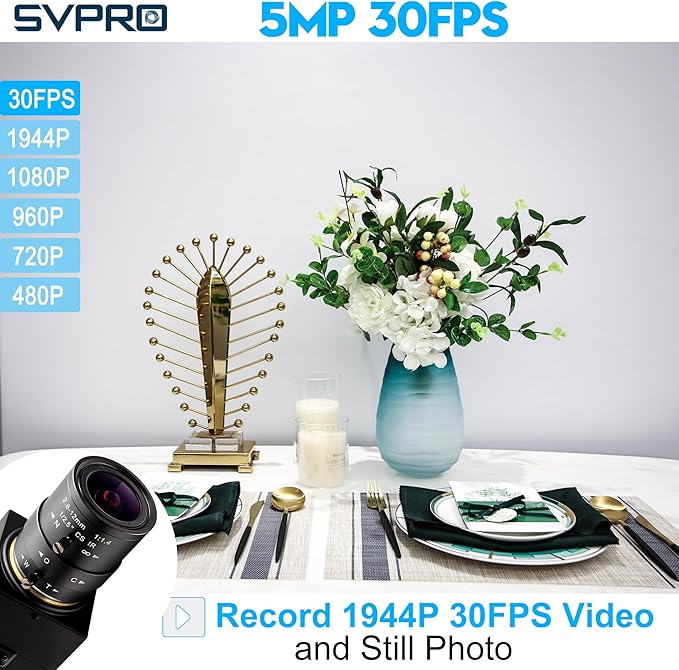 SVPRO 5MP 30fps USB Camera with 2.8-12mm Zoom Lens Close-up Camera for Machine MonitoringIMX335 Low Light Industrial Camera for Computer LaptopUVC Plug in Webcam for WindowsMacOSLinuxAndroid
