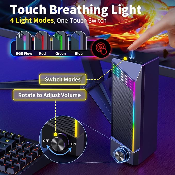 Computer Speakers 2 in 1 PC Speaker  Gaming Speakers for PC Computer Laptop Desktop Monitor RGB Speakers with Touch Sensitive Lighting USB Powered 3.5mm Aux（Package Only Two Speaker No Soundbar）