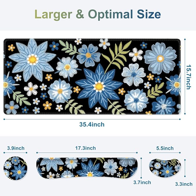 Large Gaming Mouse Pad Set 4 in1 Ergonomics Keyboard Desk Mat with Memory Foam Wrist Rest Computer PC Extended Game Mousepad Non-Slip Desk Pad Matt Easy Typing Pain Relief I Forget-me-not