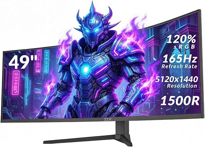 ZZA 49-Inch Ultra-Wide DQHD Curved Gaming Monitor | 5120x1440 1500R 165Hz AMD FreeSync 120% sRGB Height Adjustable HDMI 2.1/DP 1.4 Wall Mountable- Black