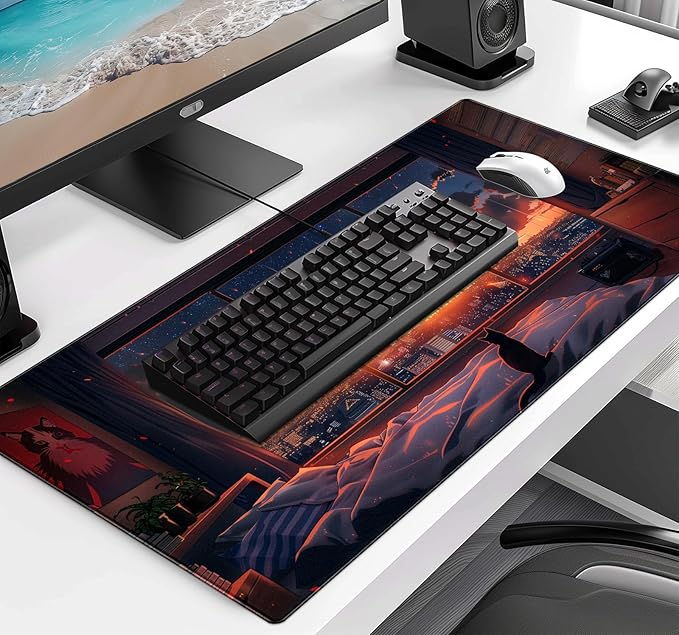 Anime Cat Fantasy Window Mouse Pad Summer Mouse Pad Large Healing Night Scene Game Table Pad XL Office Decoration Women's Laptop Keyboard Pad 35.4 x 15.7 x 0.12 Inches